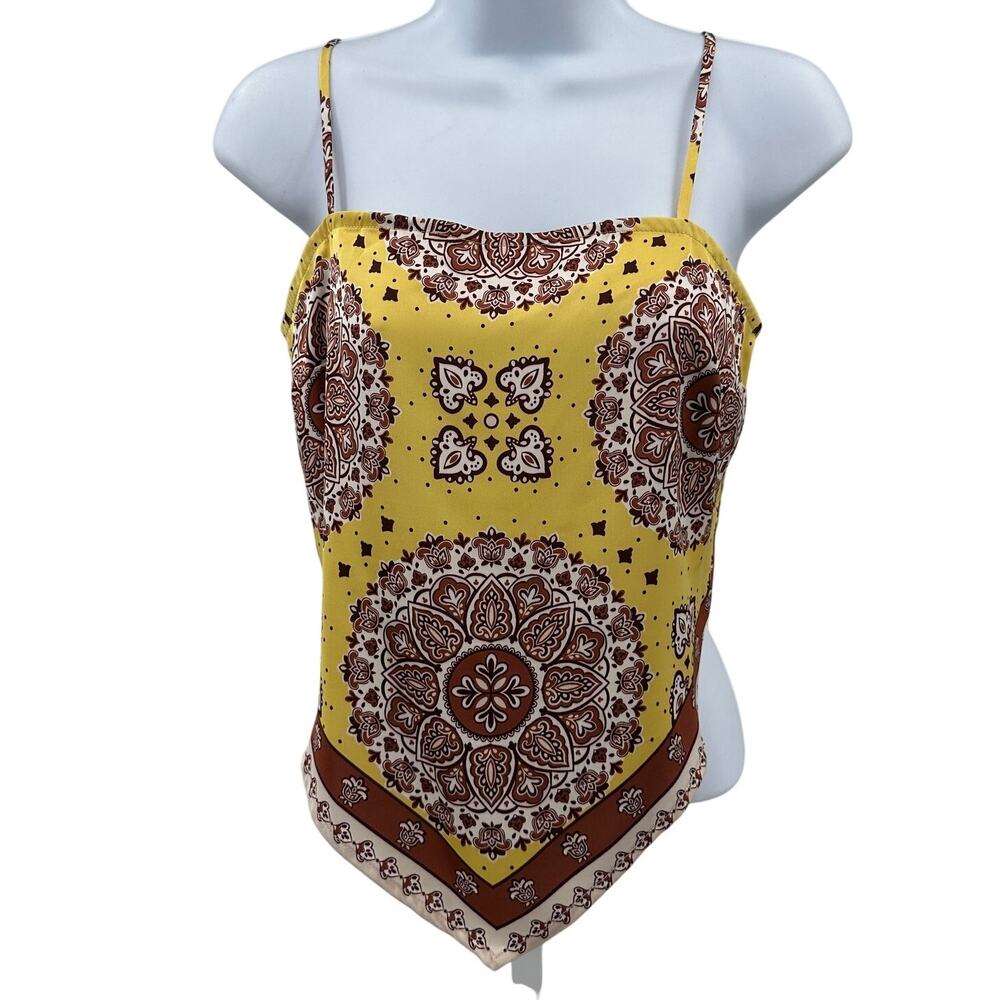 Rachel Zoe Cami Top WMNS XS Yellow Brown Mandala Print Handkerchief Hem Strappy